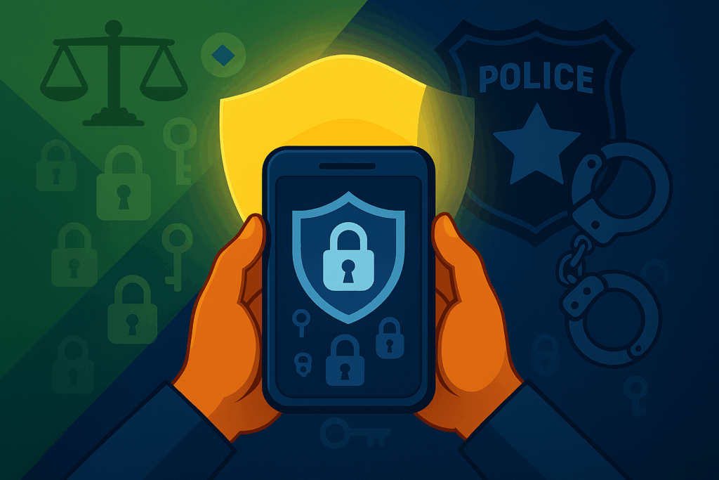 Mãos protegendo celular bloqueado com barreira constitucional separando símbolos policiais, representando direitos digitais